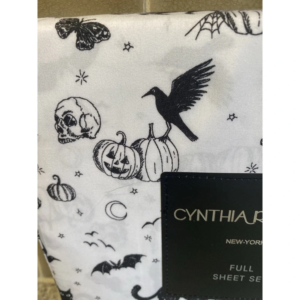 Cynthia Rowley Halloween FULL Sheet Set Black Cats Ravens Bats Pumpkins New